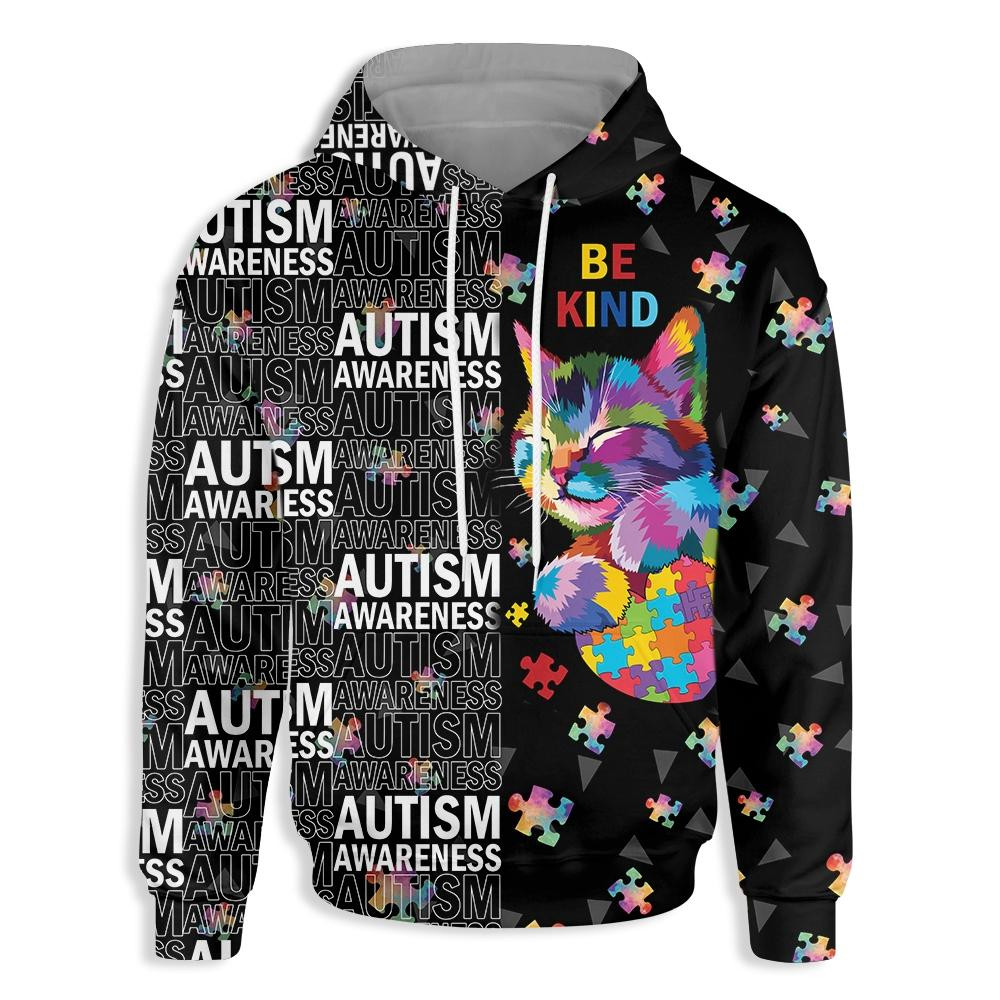 Autism Awareness Cat Be Kind 3D All Over Printed Sweatshirt, Hoodie, Zip Hoodie | Fan Apparel For Men, Women