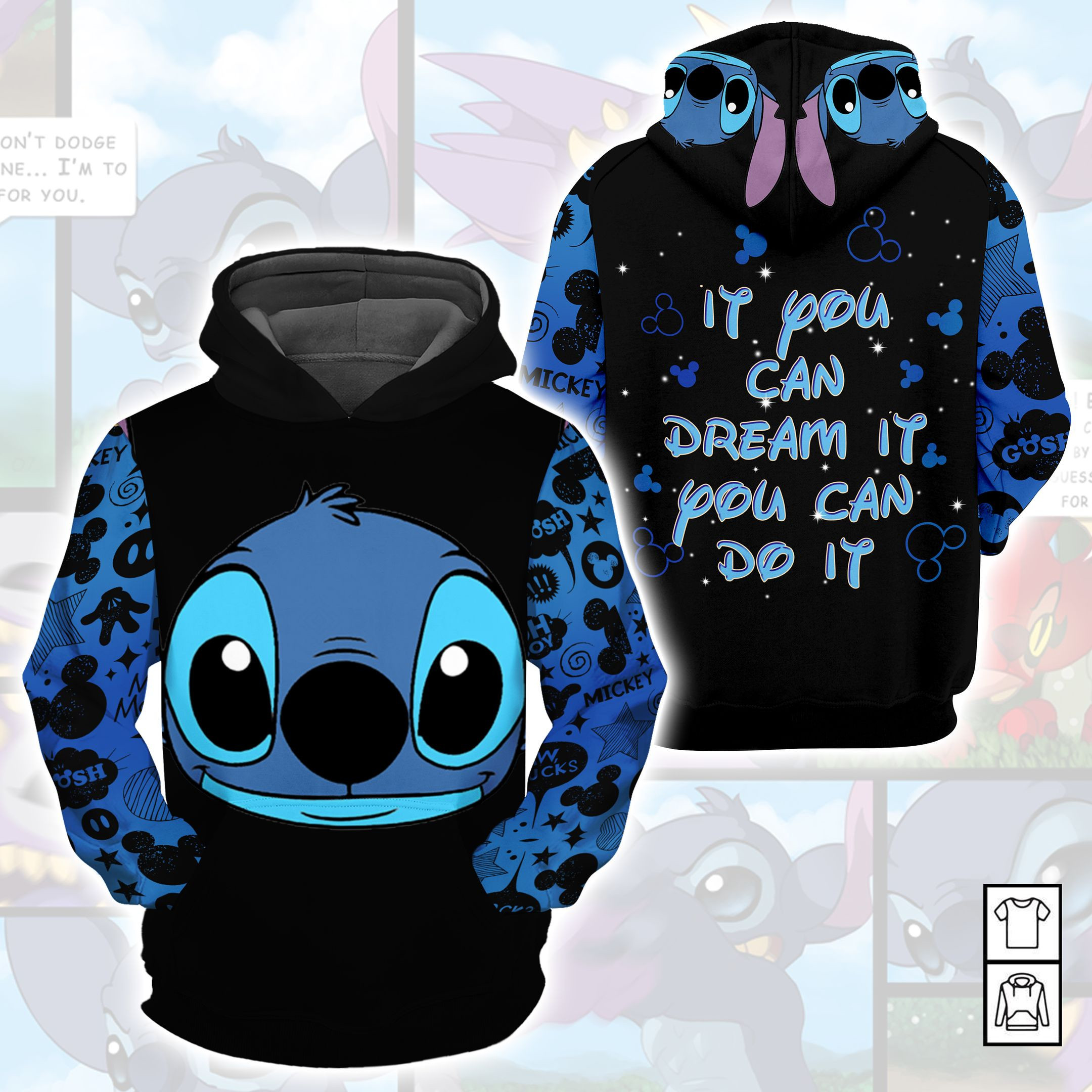 Cartoon Character Stitch If You Can Dream It You Can Do It 3D All Over Printed Sweatshirt, Hoodie, Zip Hoodie | Fan Apparel For Men, Women
