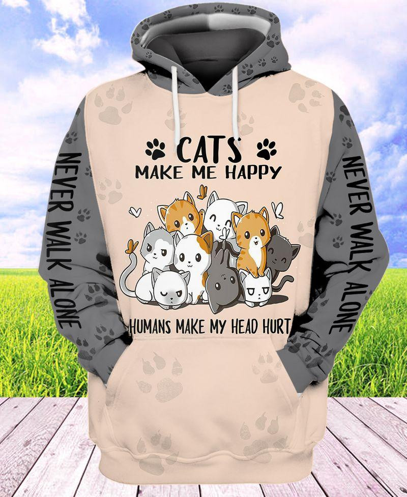 Cats Make Me Happy 3D All Over Printed Sweatshirt, Hoodie, Zip Hoodie | Fan Apparel For Men, Women