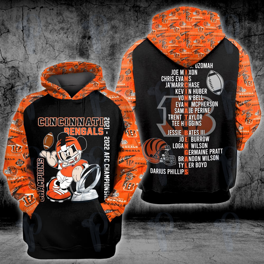 Cincinnati Bengals 2021 2022 Afc Champions Mickey Style 3D All Over Printed Sweatshirt, Hoodie, Zip Hoodie | Nfl Special Edition Fan Gear For Men, Women