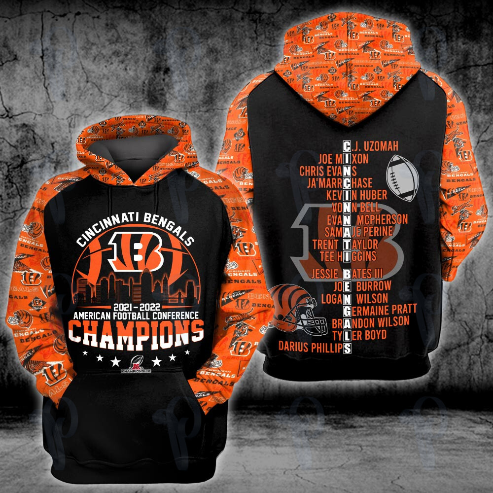 Cincinnati Bengals 2021 2022 Afc Champions Nfl 3D All Over Printed Sweatshirt, Hoodie, Zip Hoodie | Nfl Fan Gear For Men, Women