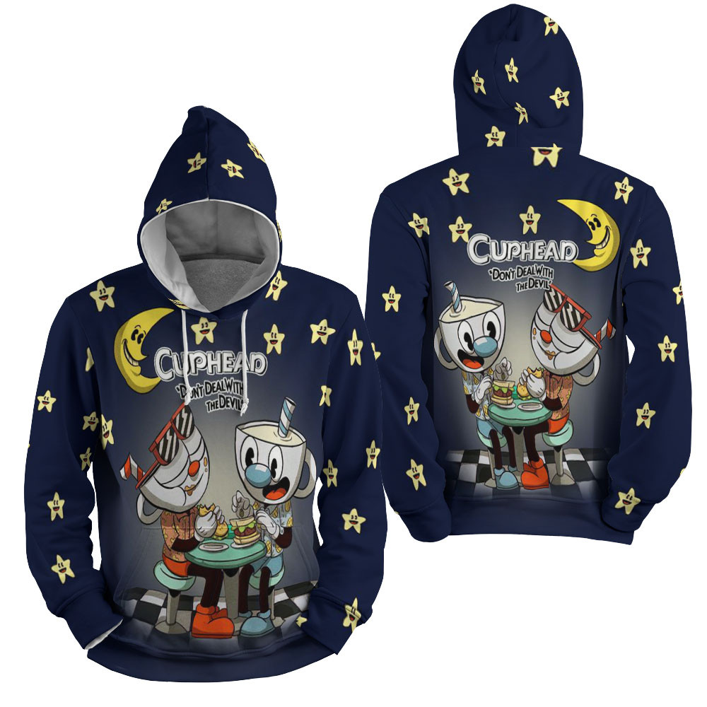 Cuphead - Cuphead And Mugman Eating Hamburger 3D All Over Printed Sweatshirt, Hoodie, Zip Hoodie | Fan Apparel For Men, Women