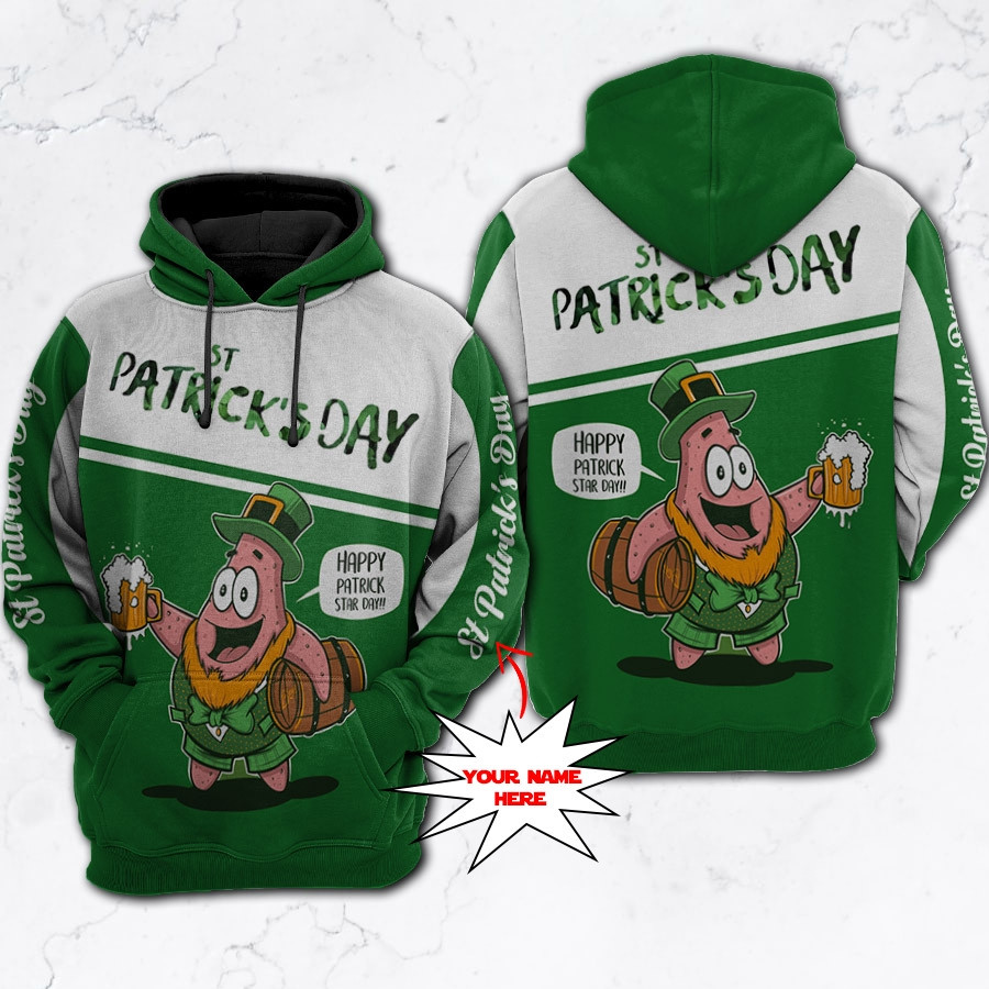 Custom Name Funny St Patrick's Day Patrick Star Leprechaun 3D All Over Printed Sweatshirt, Hoodie, Zip Hoodie | Fan Apparel For Men, Women