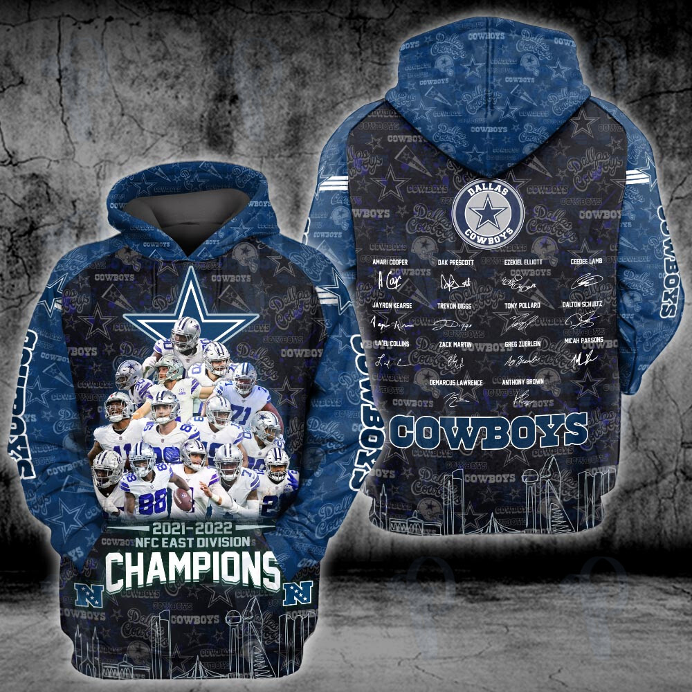 Dallas Cowboys 2021 2022 Nfc East Division Champions Autographed Nfl 3D All Over Printed Sweatshirt, Hoodie, Zip Hoodie | Nfl Fan Gear For Men, Women