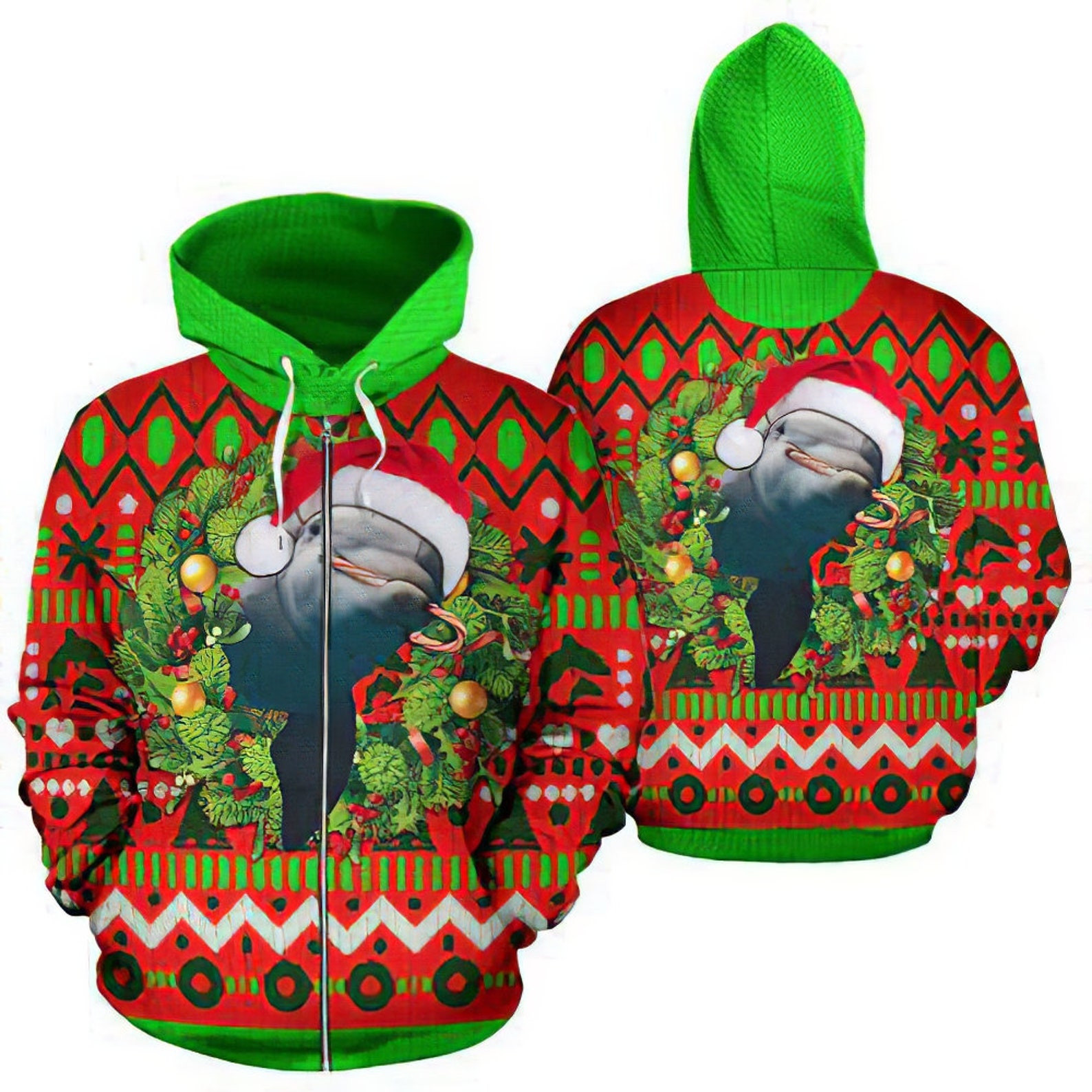 Dolphin Christmas Wreath Pattern Red Unisex 3D All Over Printed Sweatshirt, Hoodie, Zip Hoodie | Fan Apparel For Men, Women