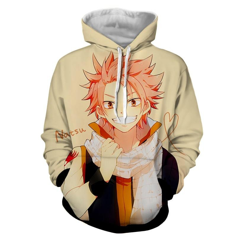 Fairy Tail Natsu Charming Smile Heart String Beige 3D All Over Printed Sweatshirt, Hoodie, Zip Hoodie | Fan Apparel For Men, Women