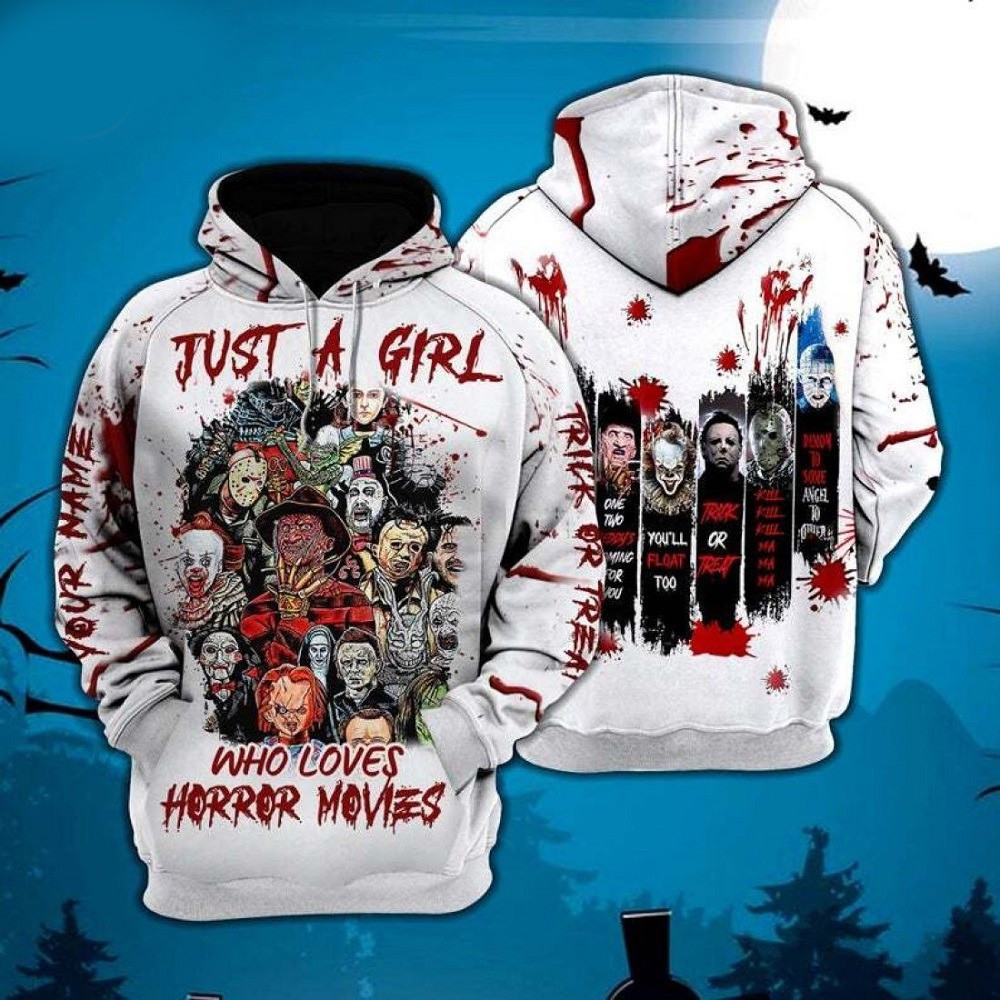 Just A Girl Who Loves Horror Movies 3D All Over Printed Sweatshirt, Hoodie, Zip Hoodie | Fan Apparel For Men, Women