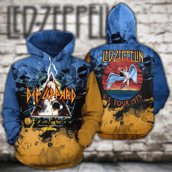 Led Zeppelin Rock Band Graphic Blue And Yellow 3D All Over Printed Sweatshirt, Hoodie, Zip Hoodie | Fan Apparel For Men, Women