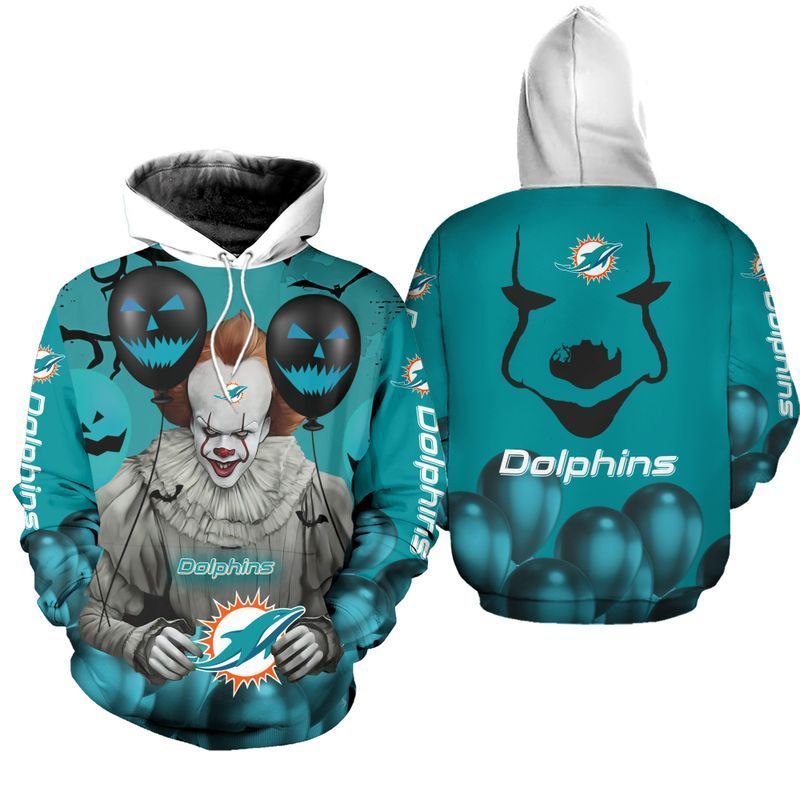 Miami Dolphins Pennywise The Dancing Clown It Hallowen 3D All Over Printed Sweatshirt, Hoodie, Zip Hoodie | Nfl Special Edition Fan Gear For Men, Women