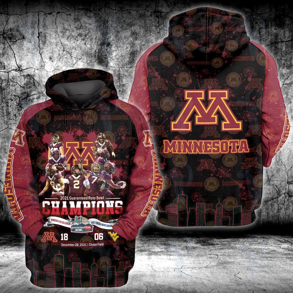 Minnesota Golden Gophers 2021 Guaranteed Rate Bowl Champions Ncaa Football 3D All Over Printed Sweatshirt, Hoodie, Zip Hoodie | Fan Apparel For Men, Women