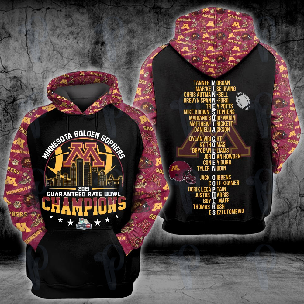 Minnesota Golden Gophers 2021 Guaranteed Rate Bowl Champions Ncaa Football 3D All Over Printed Sweatshirt, Hoodie, Zip Hoodie | Fan Apparel For Men, Women