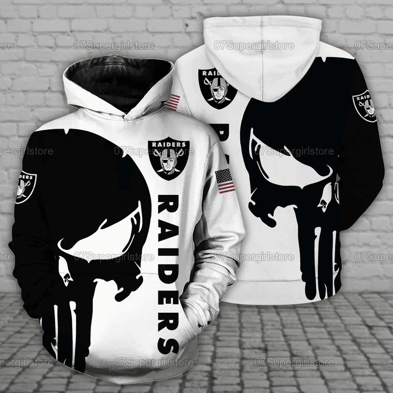 Oakland Raiders Black Skull White 3D All Over Printed Sweatshirt, Hoodie, Zip Hoodie | Nfl Special Edition Fan Gear For Men, Women