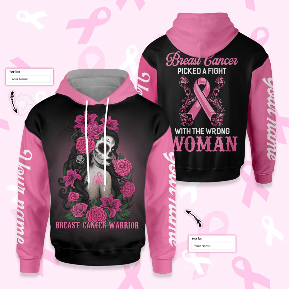 Personalized Breast Cancer Picked A Fight With A Wrong Woman Custom 3D All Over Printed Sweatshirt, Hoodie, Zip Hoodie | Fan Apparel For Men, Women