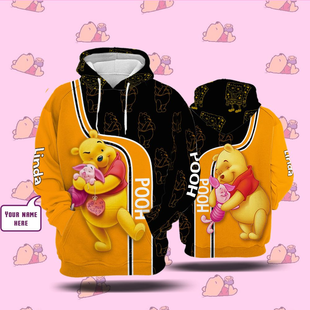 Personalized Cartoon Character Winnie The Pooh Black Ora Hoodie Custom Name 3D All Over Printed Sweatshirt, Hoodie, Zip Hoodie | Fan Apparel For Men, Women