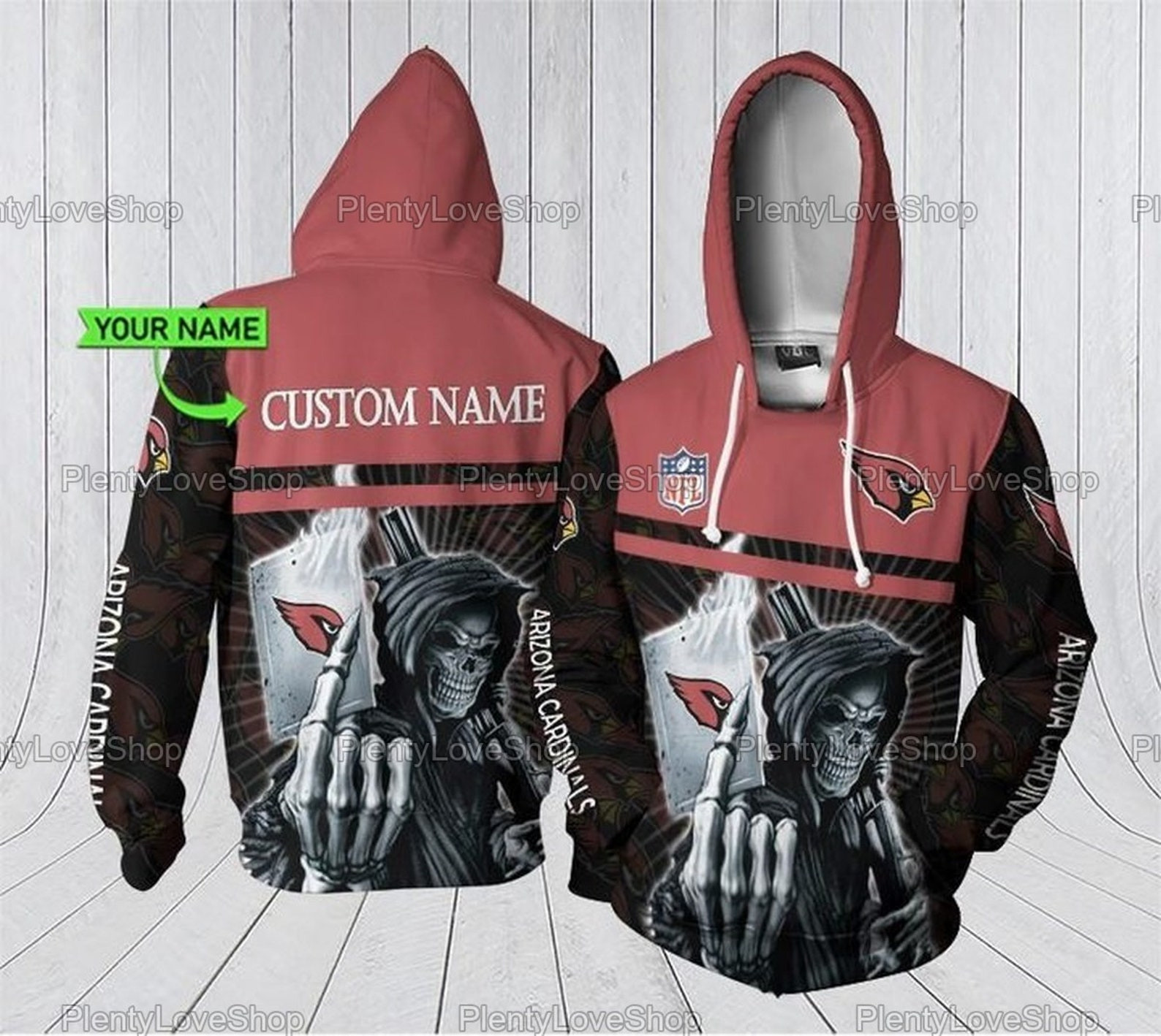 Personalized Custom Name Arizona Cardinals Skull 3D All Over Printed Sweatshirt, Hoodie, Zip Hoodie | Nfl Special Edition Fan Gear For Men, Women