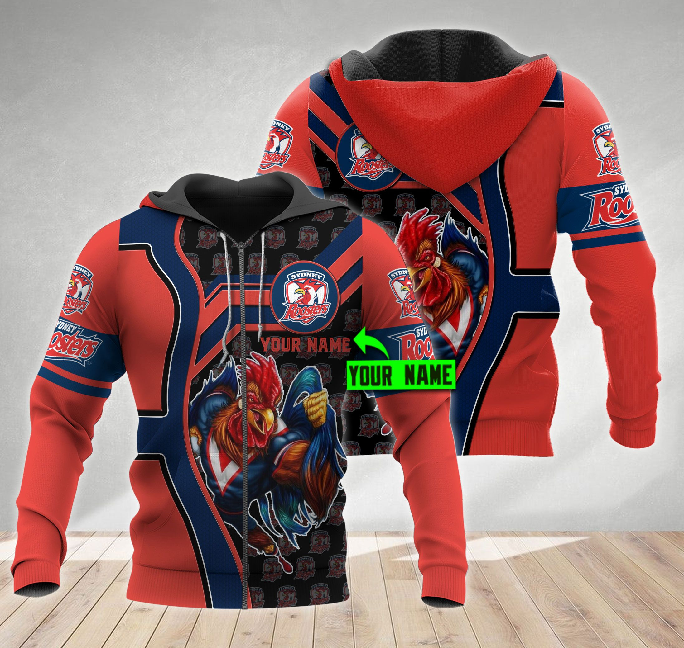 Personalized Sydney Roosters Nrl Mascot Custom 3D All Over Printed Sweatshirt, Hoodie, Zip Hoodie | Fan Apparel For Men, Women