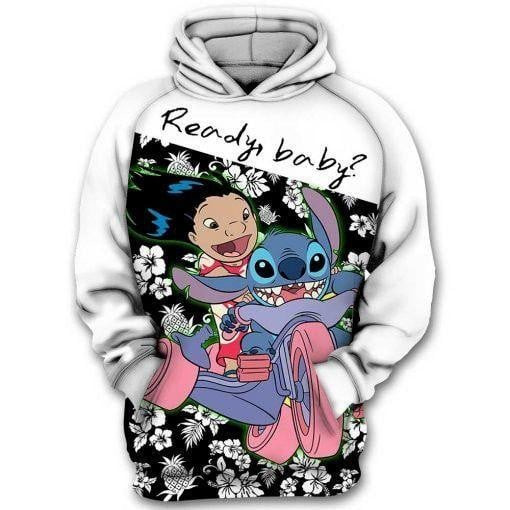 Ready Baby Lilo And Stitch Riding White 3D All Over Printed Sweatshirt, Hoodie, Zip Hoodie | Fan Apparel For Men, Women