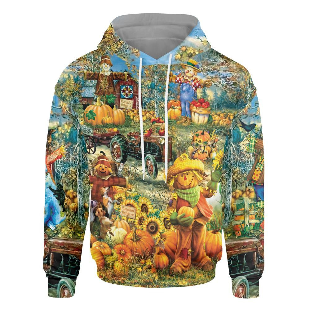 Smiley Pumpkin On The Farm 3D All Over Printed Sweatshirt, Hoodie, Zip Hoodie | Fan Apparel For Men, Women