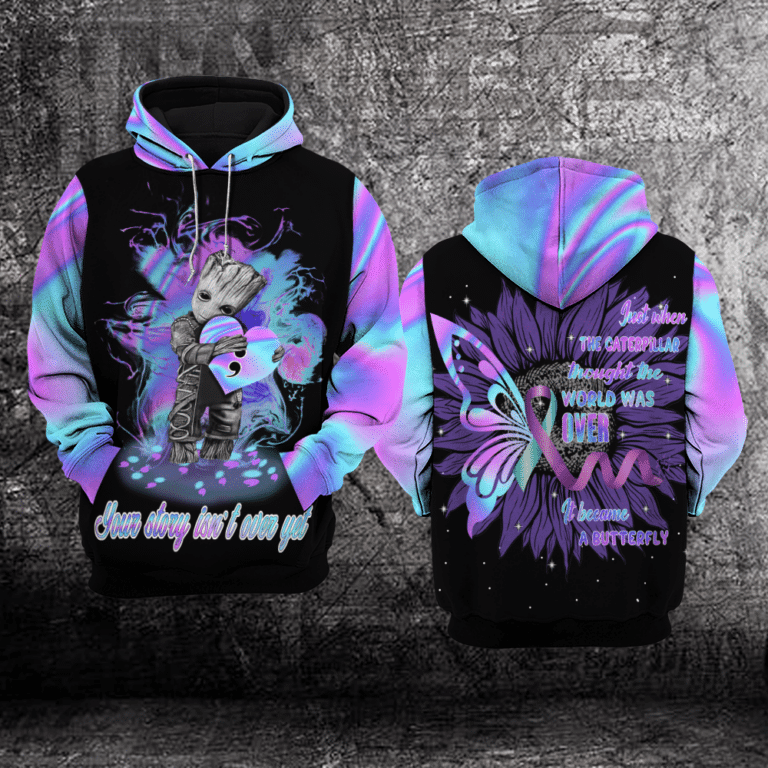 Suicide Awareness Groot Just When The Caterpillar Thought Her Life Was Over 3D All Over Printed Sweatshirt, Hoodie, Zip Hoodie | Fan Apparel For Men, Women