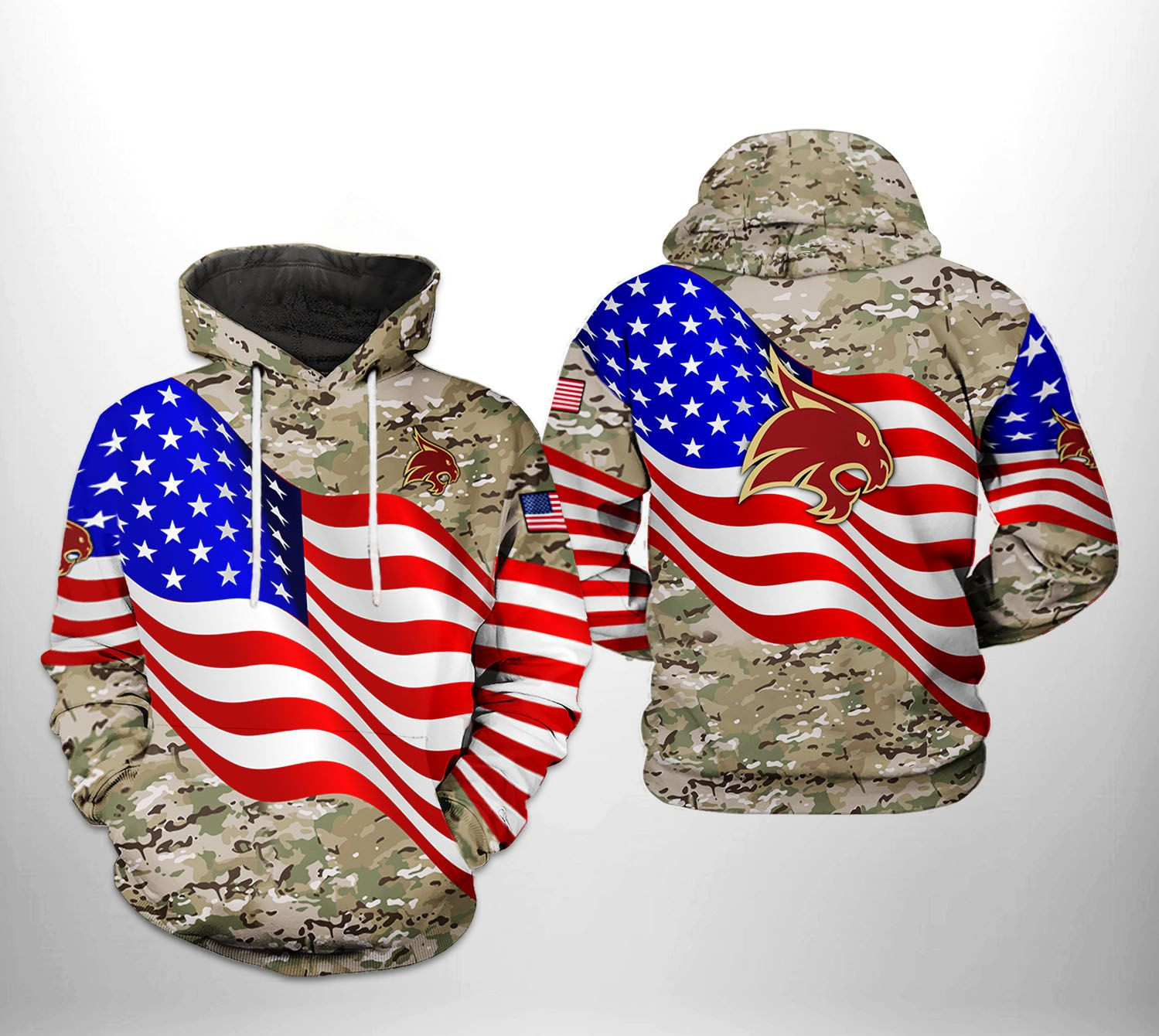 Texas State Bobcats Ncaa Us Flag Camo Veteran 3D All Over Printed Sweatshirt, Hoodie, Zip Hoodie | Fan Apparel For Men, Women