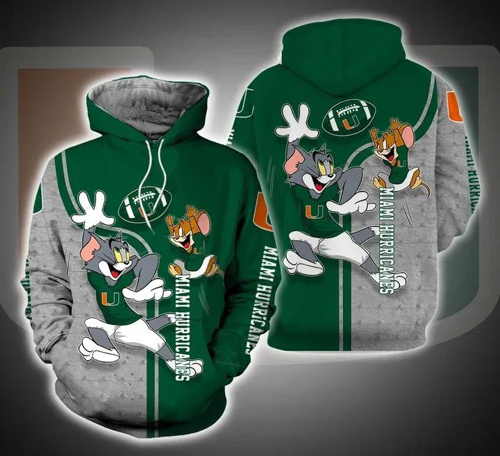 Tom And Jerry Play Football For Miami Hurricanes 3D All Over Printed Sweatshirt, Hoodie, Zip Hoodie | Fan Apparel For Men, Women