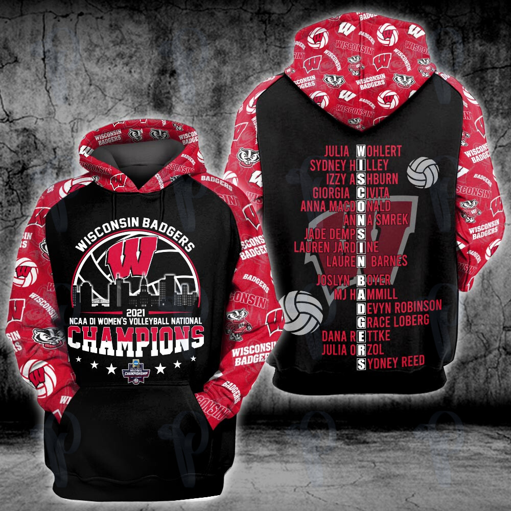 Wisconsin Badgers 2021 Ncaa Women's Volleyball National Champions 3D All Over Printed Sweatshirt, Hoodie, Zip Hoodie | Ncaa Fan Gear For Men, Women
